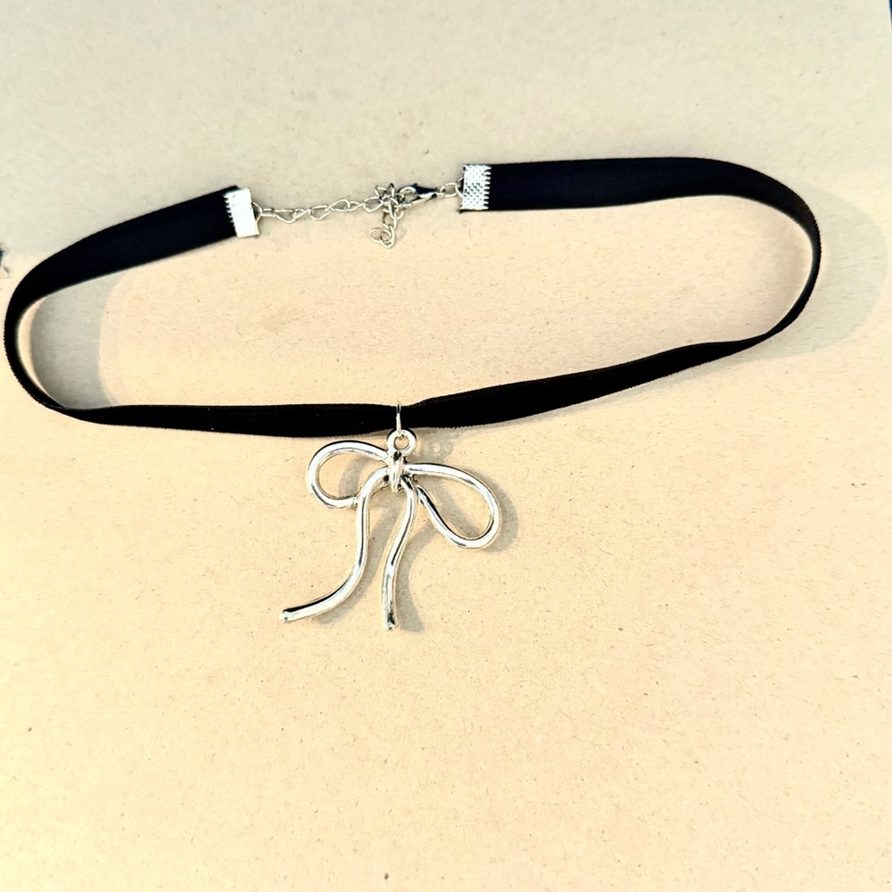 Silver Bow Pendant Black Ribbon Choker Necklace